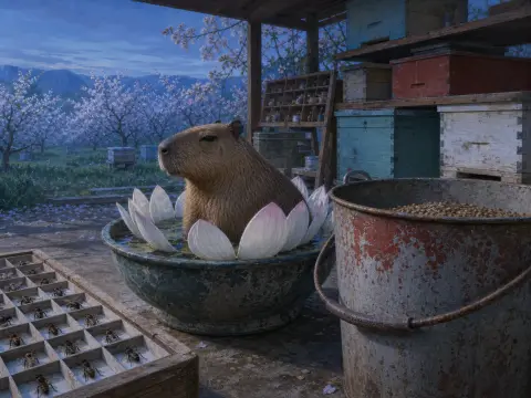 A capybara sits in a basin lined with flower petals inside a rustic shed near beehives and blooming fruit trees.