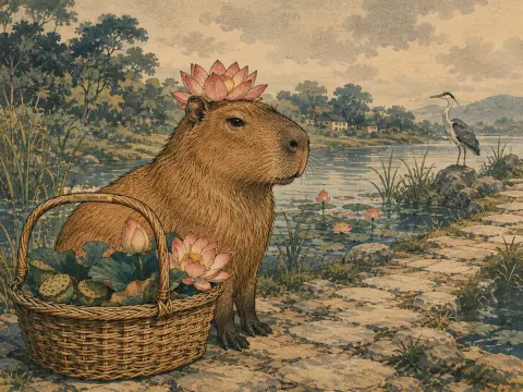 A capybara wearing a pink lotus flower on its head sits near a basket of blossoms along a stone path by water.