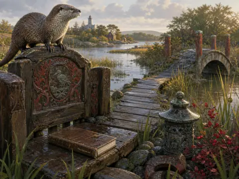 A river otter perches on an ornate wooden bench beside a boardwalk, arched bridge, and distant lighthouse.