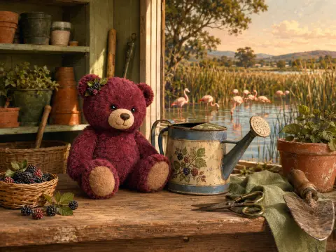 A burgundy teddy bear rests on a wooden potting bench looking out at flamingos wading in a lake.