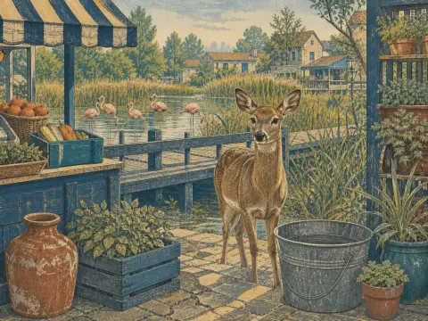A deer stands on a stone patio beside a blue market stall, overlooking a pond where pink flamingos wade near reeds.