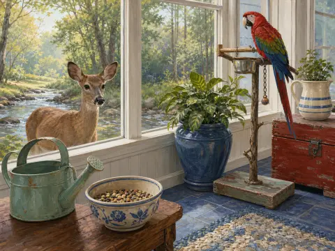 A deer peeks through a sunroom window where a colorful macaw perches near houseplants and a watering can.