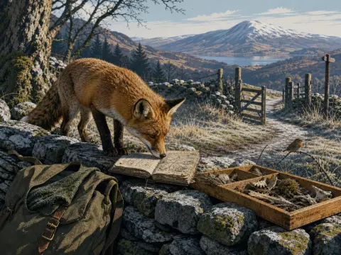 A red fox sniffs an open notebook on a stone wall beside a backpack and wooden tray overlooking snowy mountains.