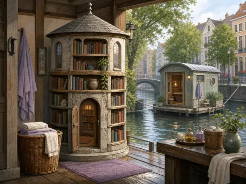 A miniature stone book tower and laundry basket on a wooden porch overlooking a canal and floating bathhouse.