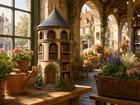 Miniature stone tower filled with tiny books standing on a wooden bench inside a flower-filled stone arcade.