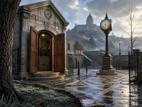 Stone courtyard with an open clockhouse, ornate street clock, and a distant domed building on a misty hill.