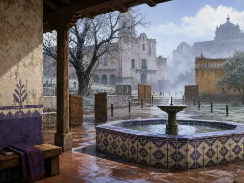 An octagonal tiled fountain in a wet mission courtyard with mist drifting around distant stone buildings.