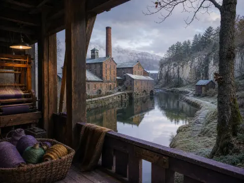 A view from a wooden weaving workshop with yarn baskets overlooking an old brick mill and river in a frosty valley.