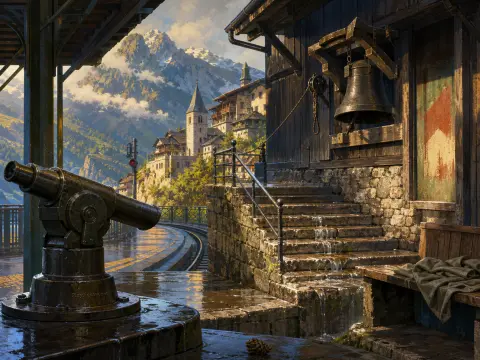 A mountain railway platform with a mounted telescope, bronze bell, and stone stairs overlooking an alpine village.