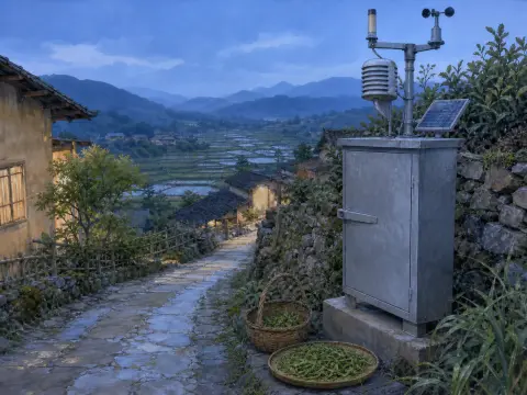 A cobblestone village path with a weather station and baskets of leaves overlooking distant terraced rice fields.