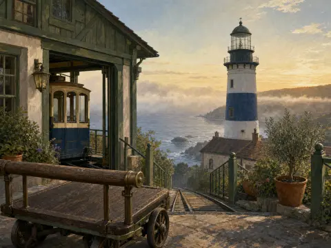 A hillside funicular rail station with a wooden cart overlooking a tall lighthouse and a foggy sea.
