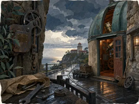 A cliffside stone observatory with an open copper dome overlooks a wet tram track, the sea, and a distant lighthouse.