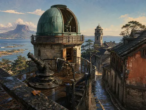 Stone observatory with a teal dome and large telescope on a terrace overlooking a coastal town and sea.