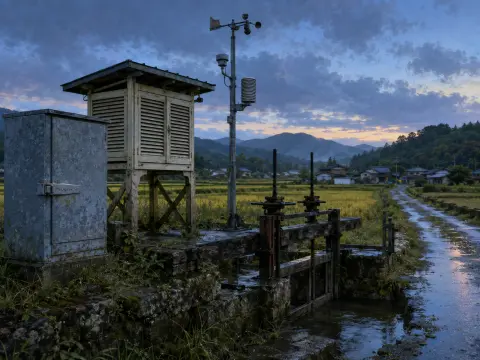 Weather station and irrigation sluice gate beside a stone canal running through rural fields at twilight.