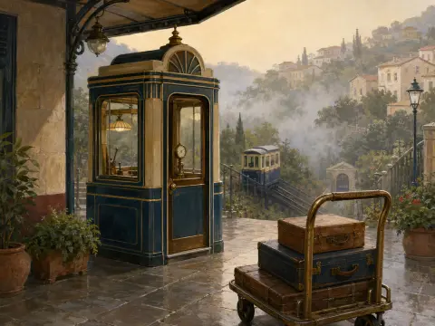 A vintage blue operator booth and stacked luggage cart stand on a stone terrace overlooking a hillside funicular.