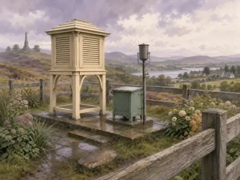 A wooden weather station box and metal rain gauge stand on a wet platform overlooking hills and a lake.