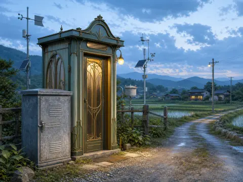 An ornate green metal booth glows by a dirt country road bordered by rice fields and distant hills at dusk.