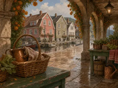 Colorful waterside houses along a canal viewed through a stone archway with baskets and copper jugs in the foreground.