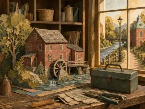 A detailed papercraft model of a red watermill sits on a wooden workbench beside tools and a green toolbox by a window.