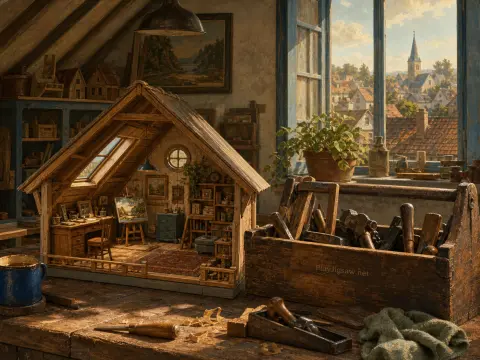 A miniature wooden attic studio sits on a sunlit carpenter workbench next to an old toolbox overlooking a village window.