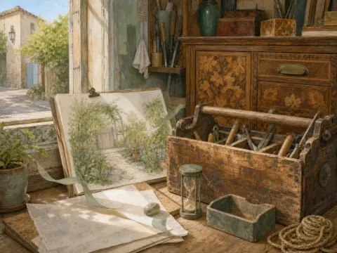 Sunlit workbench with a botanical garden sketch, wooden toolbox, and an open window showing a village street.