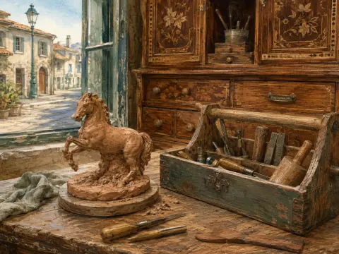 A clay horse sculpture and an antique tool caddy sit on a wooden workbench beside a window overlooking a village street.