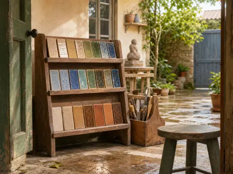 Wooden display stand of colorful glazed ceramic tiles beside a tool caddy and stool by an open courtyard door.