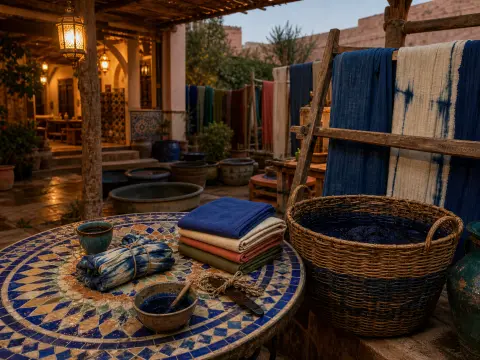 A round mosaic table with folded fabrics and dye bowls next to a woven basket and drying cloth in an open courtyard.