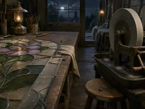 Floral stained glass panel resting on a wooden workbench in a moonlit workshop beside a grinding wheel.