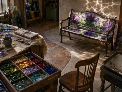 A stained glass workshop with a colorful mosaic bench, a wooden chair, and a sorting tray of vibrant glass pieces.