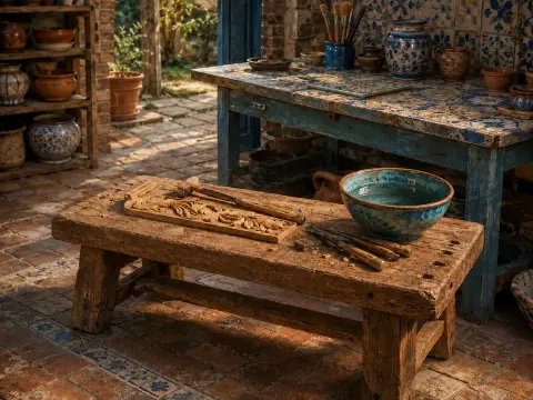 A rustic wooden carving bench with tools, a carved wood panel, and a blue bowl in an artisan courtyard.