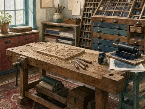 A wooden workbench with an ornate carved floral block, gouges, and an ink roller in a rustic printmaker workshop.