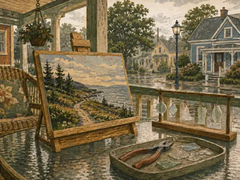 A tabletop easel displaying a coastal landscape painting beside glass crafting tools on a rain-soaked porch table.