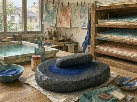 A paper marbling workshop with a stone pigment grinder, marbled sheets drying on racks, and a window view of rooftops.