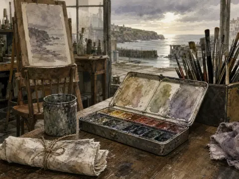 An open watercolor paint box on a wooden desk inside an artist studio overlooking a coastal harbor.