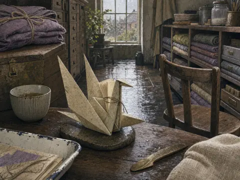 An origami paper crane resting on a stone atop a rustic wooden table inside a cozy studio on a rainy day.
