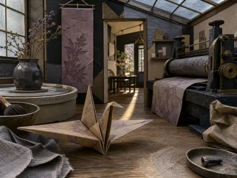 An origami crane with leaf patterns rests on a wooden floor in front of an old-fashioned printing press.