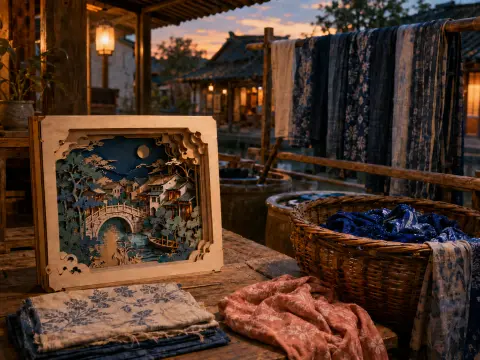 A layered paper shadow box of a canal town sits on a wooden table beside dyed textiles and a wicker basket at dusk.