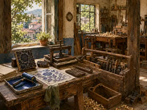 A rustic artisan printmaker workshop featuring carved printing blocks, blue ink, a screw press, and an open window.