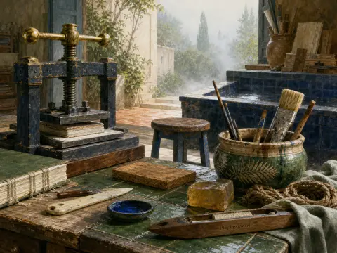 A bookbinding press and crafting tools rest on a tiled workbench overlooking a misty garden courtyard.