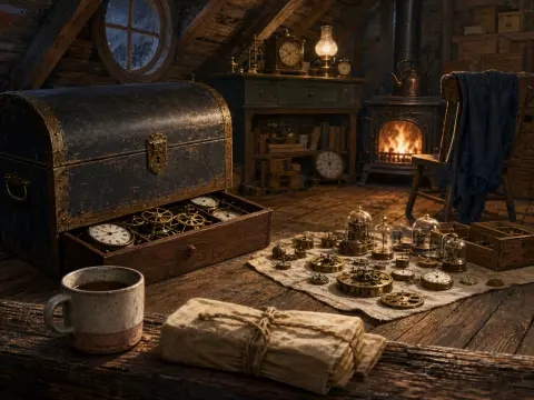 Antique chest and brass clockwork gears laid out on an attic floor warmed by a crackling cast-iron stove.