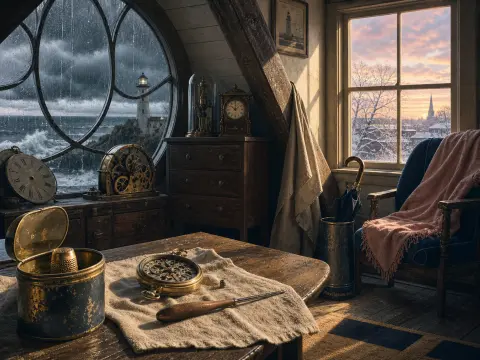 A cozy attic clockmaker workshop with windows showing a stormy lighthouse on one side and a snowy sunset on the other.
