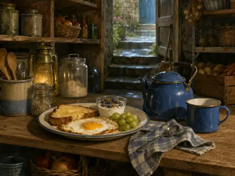 A breakfast plate with toast, egg, and grapes sits beside a blue kettle near an open doorway to rainy stone stairs.