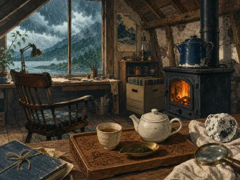 A tea set on a wooden table beside a crackling wood stove and a rainy window overlooking a mountain lake.