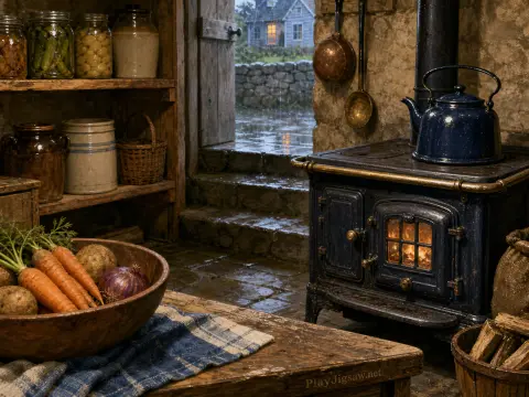 A glowing blue cast-iron stove with a kettle beside a table of fresh vegetables in a rustic cottage kitchen on a rainy day.