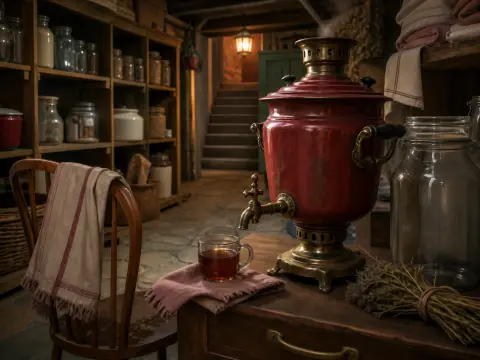 A red antique samovar and a glass mug of tea on a wooden table inside a rustic pantry with stone floors.