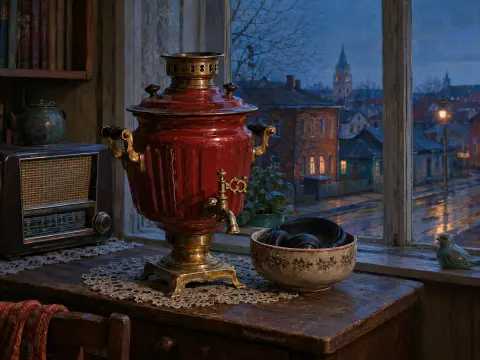 A polished red samovar on a wooden table beside a vintage radio and a window overlooking a rainy town at dusk.