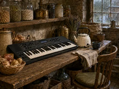 A modern keyboard synthesizer rests on a rustic wooden workbench beside a vintage kettle and a rain-streaked window.