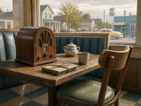 Vintage wooden radio, coffee mug, and tied letters on a diner booth table looking out at a small-town street.