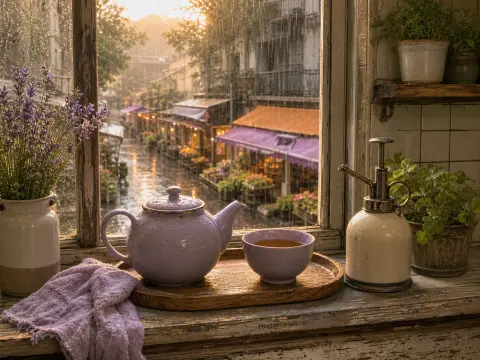 A lilac teapot and teacup on a rustic windowsill overlooking a rainy street with colorful shop awnings.